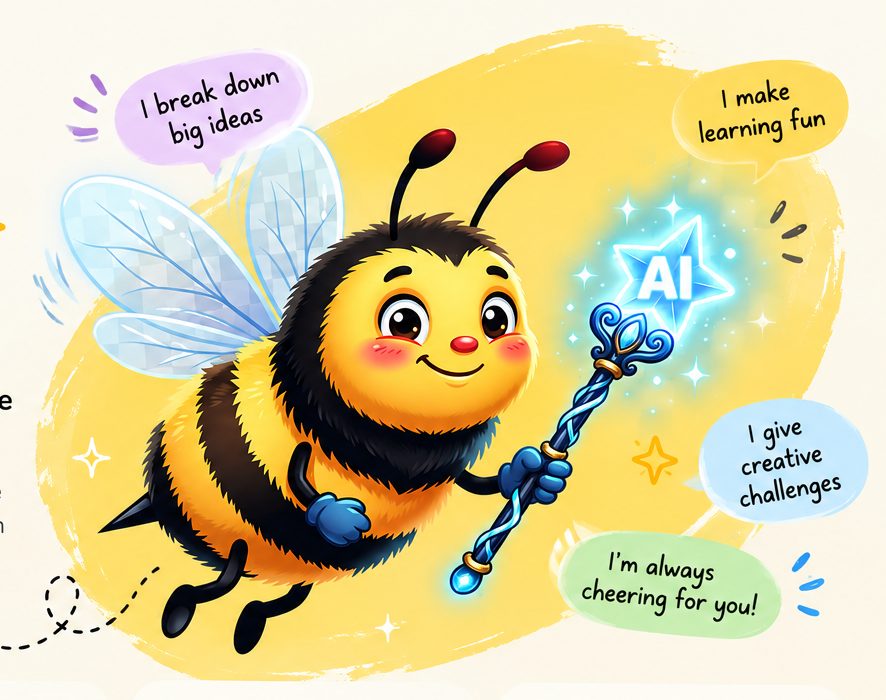 Weavo bee mascot holding an AI wand, with speech bubbles about breaking down ideas, making learning fun, and cheering students on